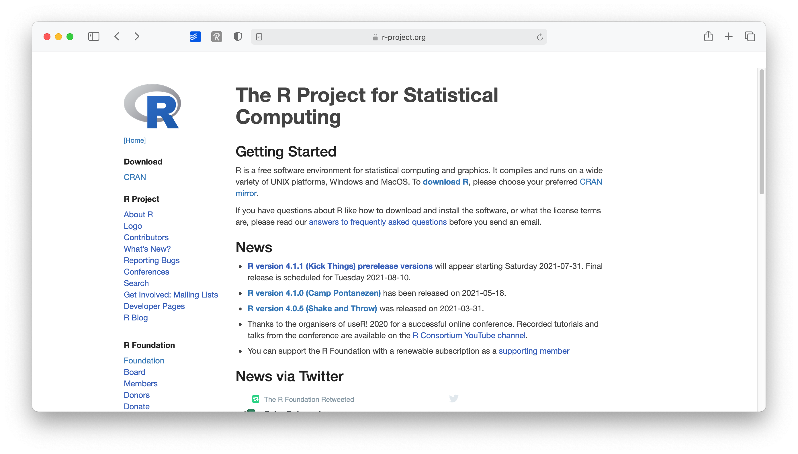 Screenshot of the *R* Project website homepage, called CRAN, showcasing the latest news and updates about the *R* programming language.