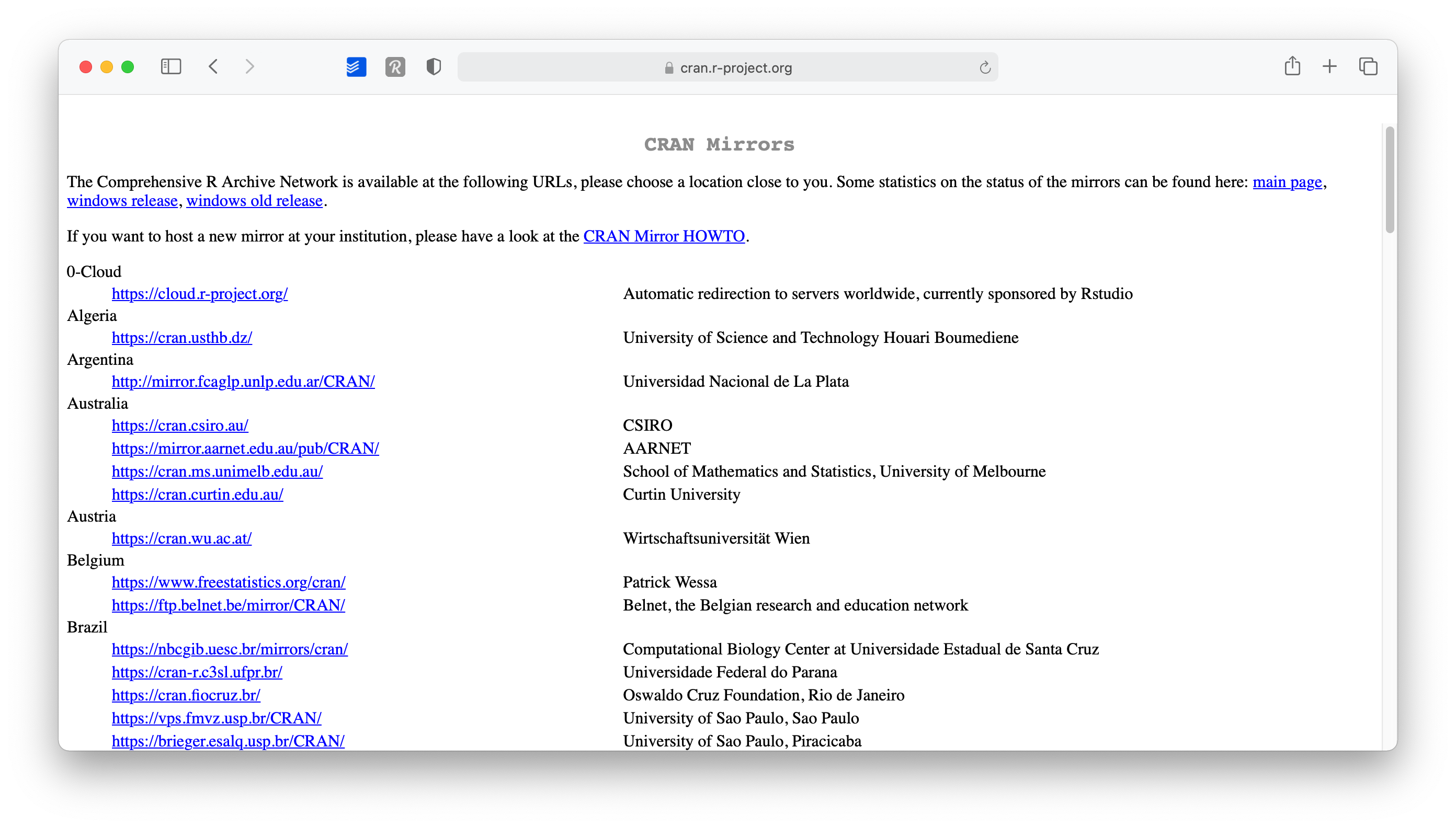 Screenshot of the CRAN Mirrors page on the *R* Project website, displaying a list of global locations and corresponding institutions for various CRAN mirror URLs.