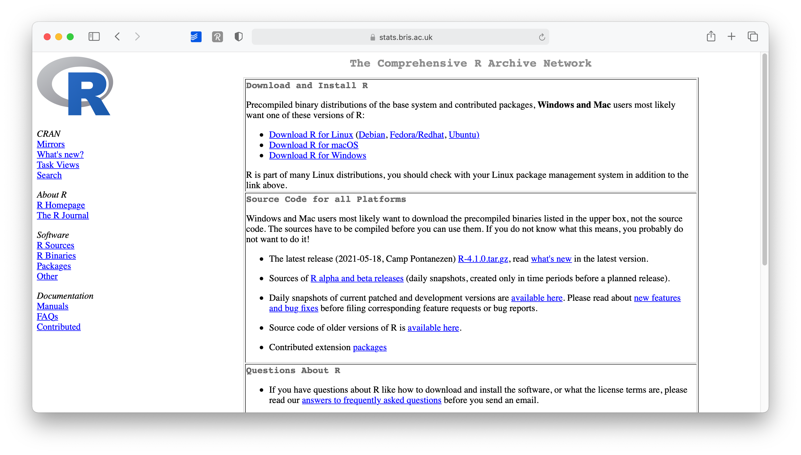 Screenshot of the CRAN website, displaying options to download and install R, including precompiled binary distributions and source code for all platforms.