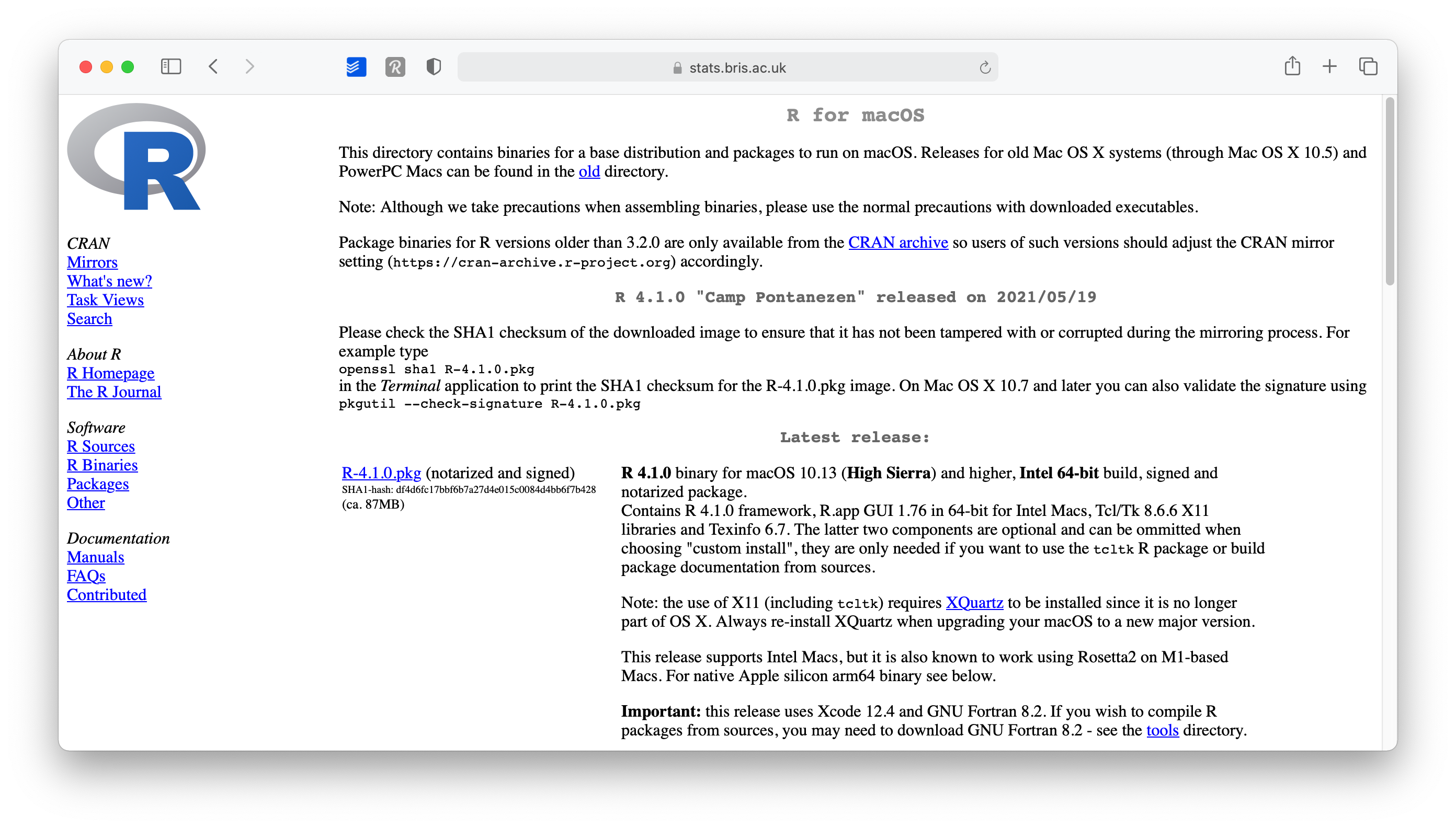 Screenshot of the *R* for macOS page on the *R* Project website, displaying different versions of the software to download.