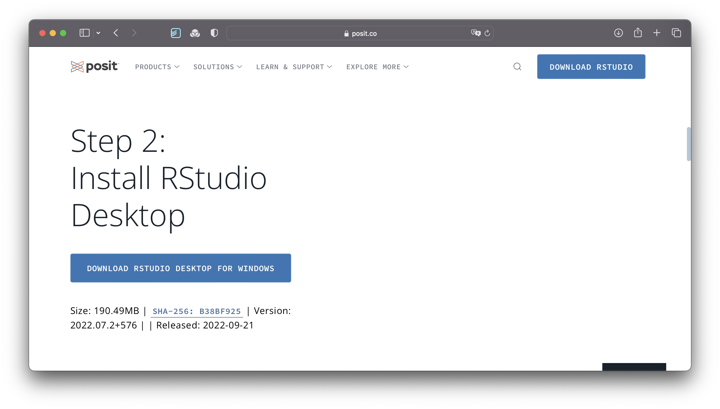 Screenshot of the RStudio download website showing step 2, i.e. 'Install RStudio Desktop'.