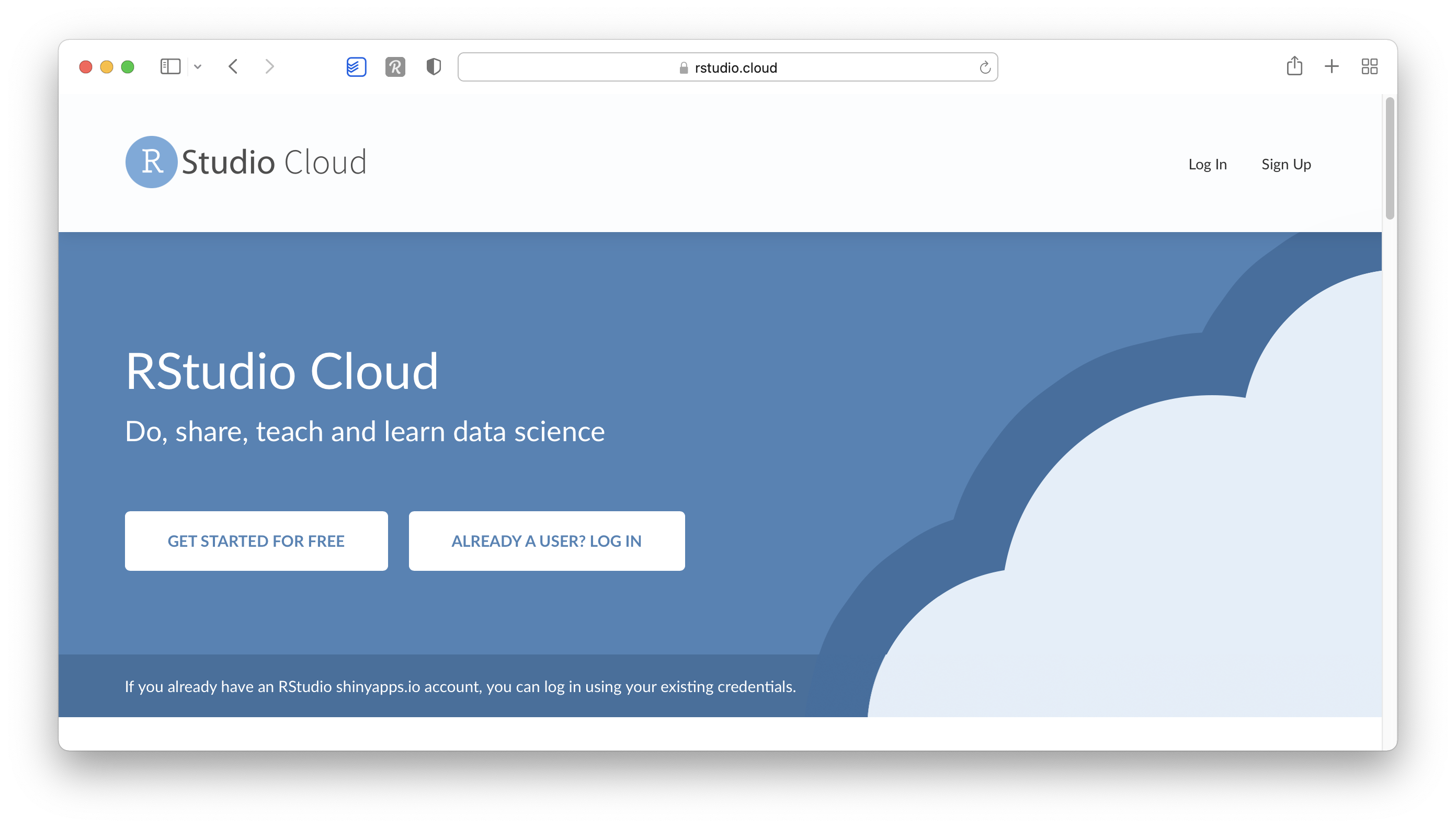 Screenshot of the Posit Cloud landing page.