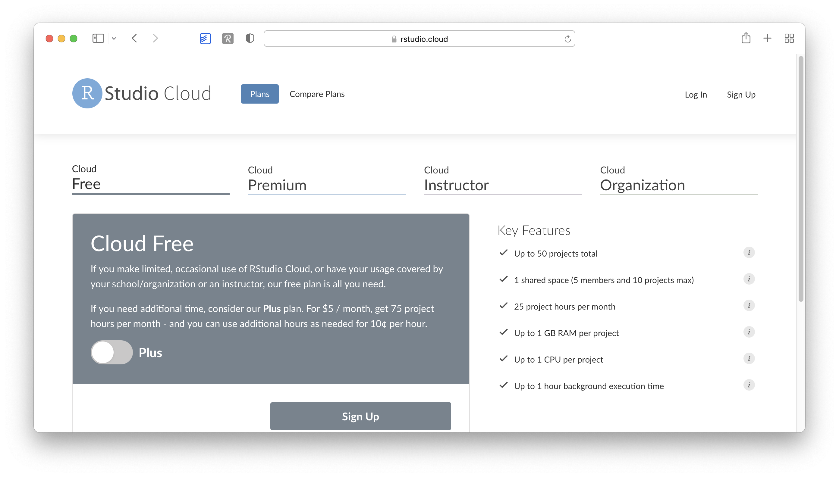 Screenshot showing the Posit Cloud tiers of use, including the 'Cloud Free' tier which allows using Posit Cloud for free.