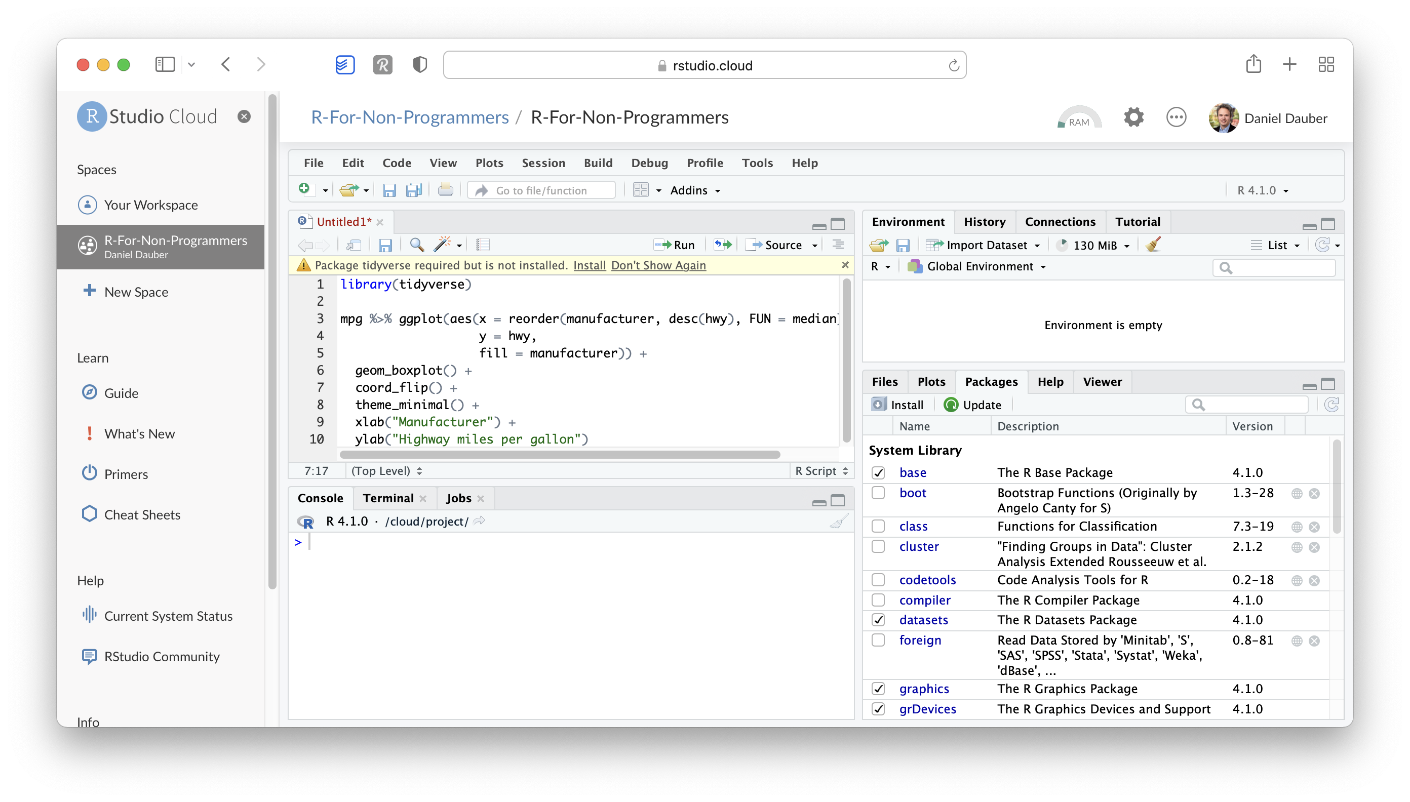 Screenshot of an Posit Cloud project opened, showing some coding.