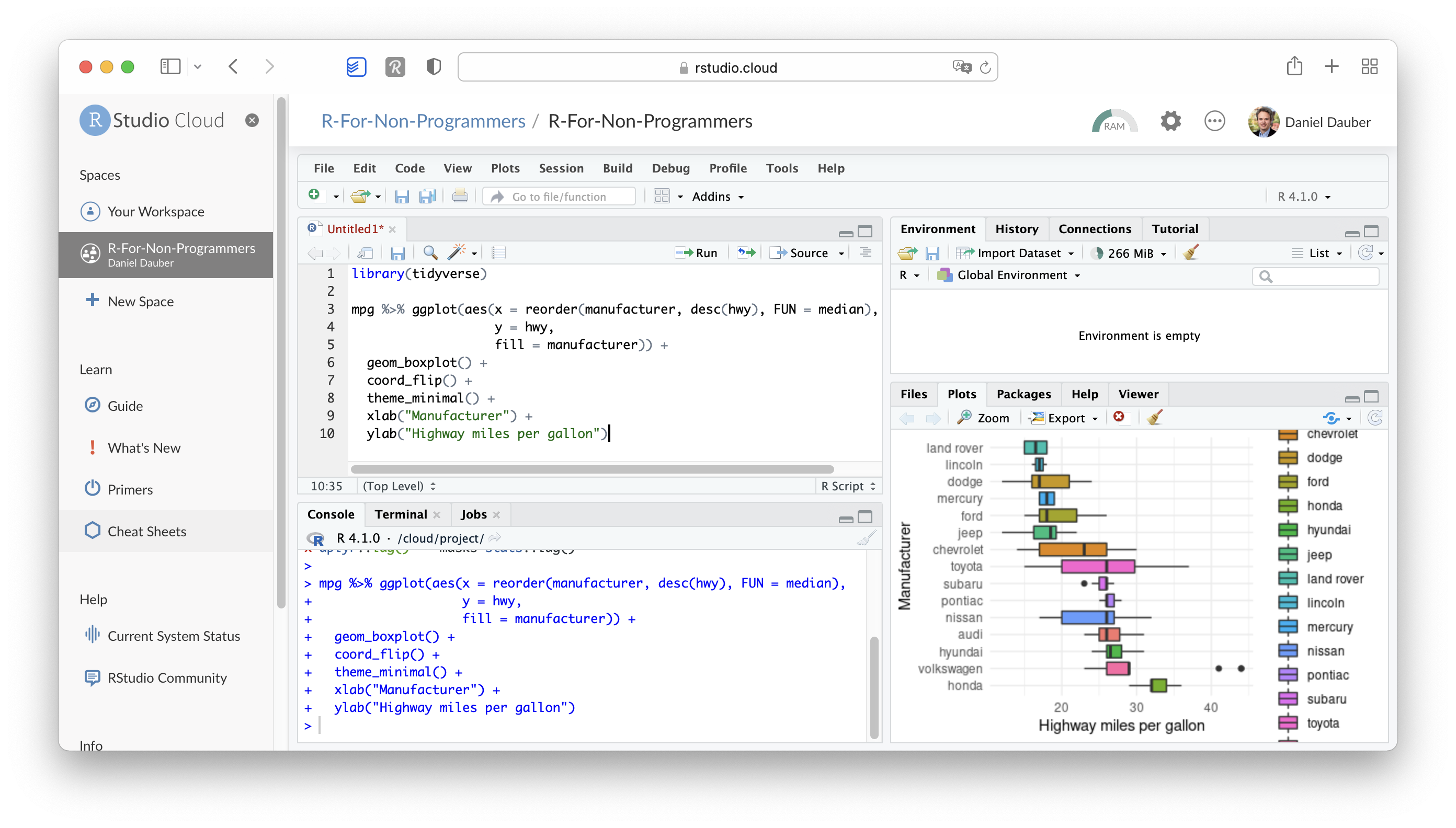 Screenshot of an Posit Cloud project opened, showing some coding and the plot that results from running this code.