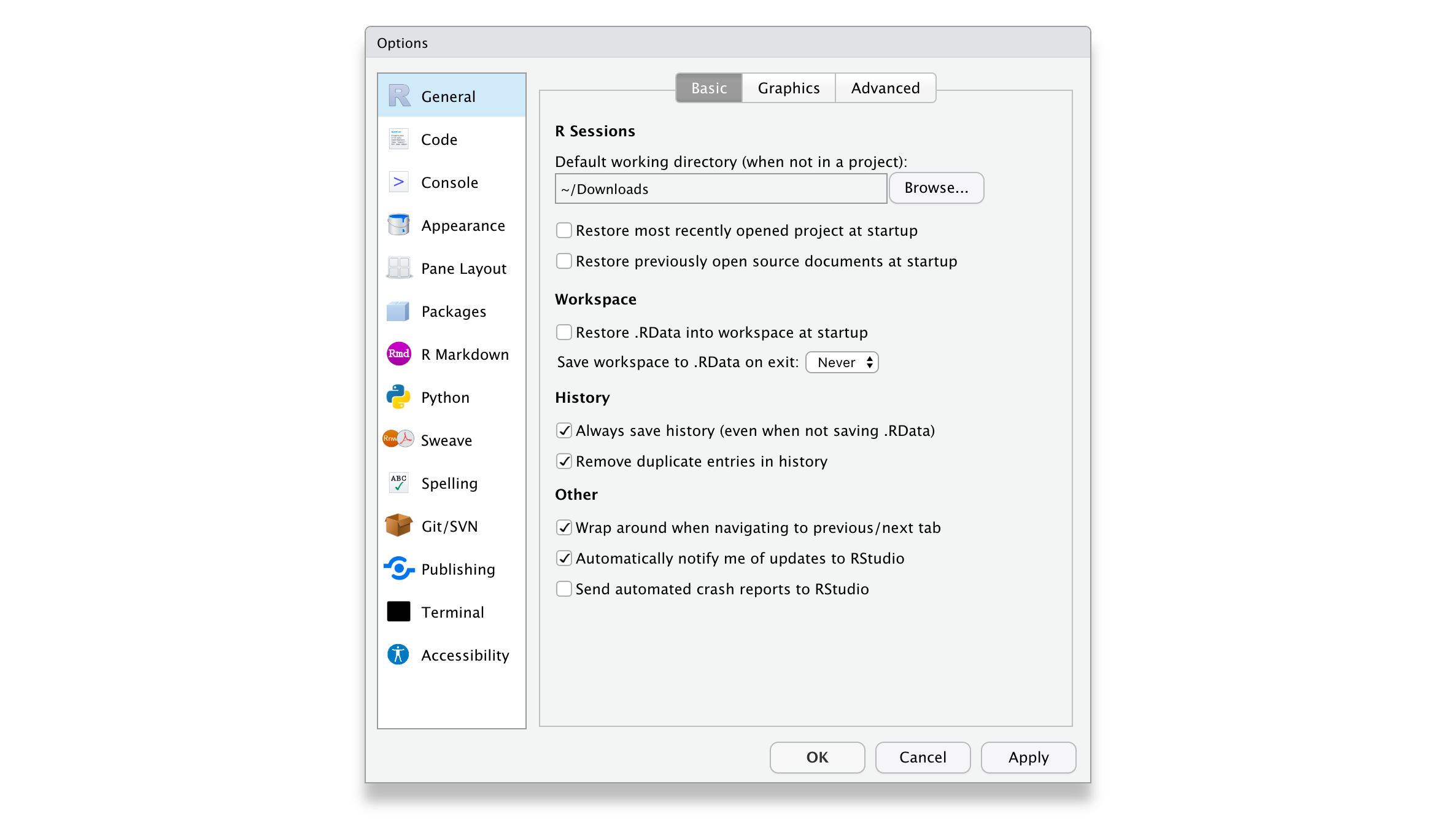 Screenshot of the settings window of RStudio showing the General settings and various options to enable or disable.