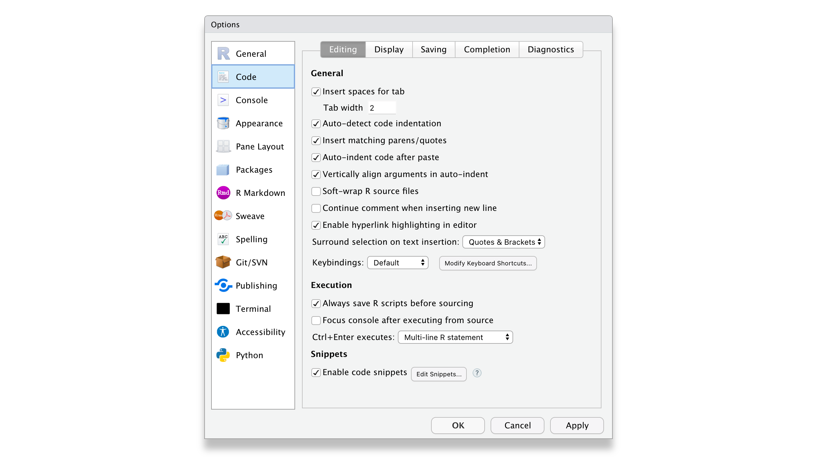 Screenshot of the settings window of RStudio showing the Code tab and its features that can be enabled or disabled.