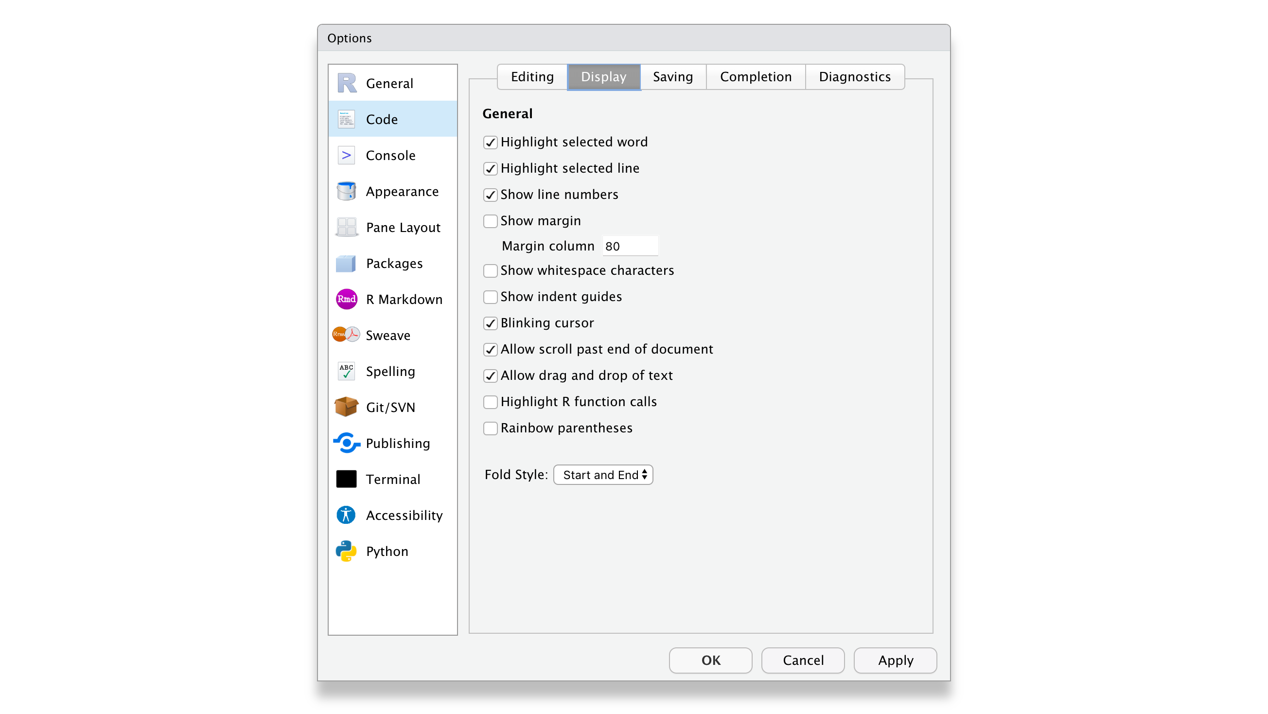 Screenshort of the settings window of RStudio showing the section Display as a subsection of the Code tab.