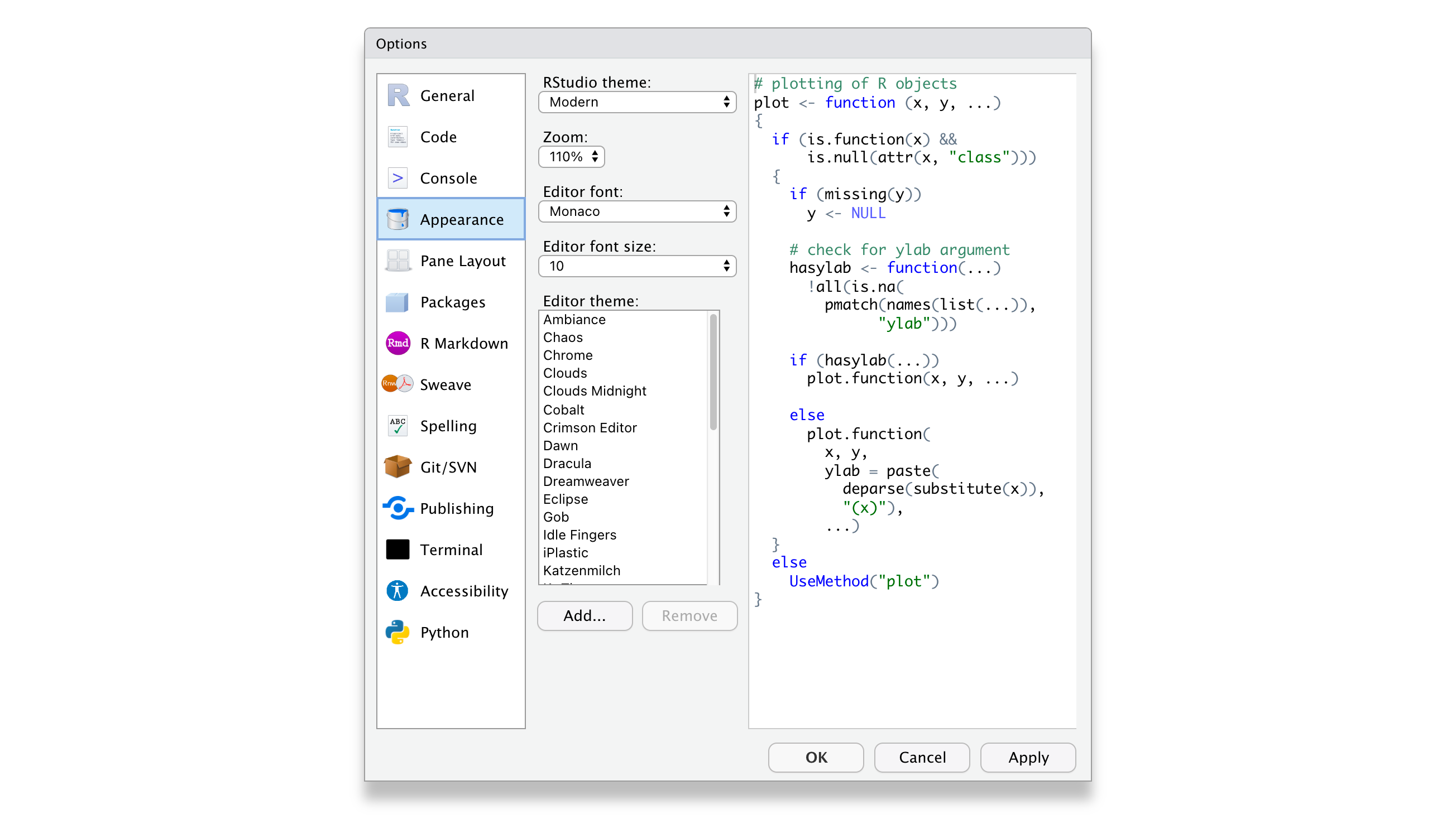 Screenshot of the settings window of RStudio showing the Appearance tab and its options to change the visual look of the RStudio IDE.