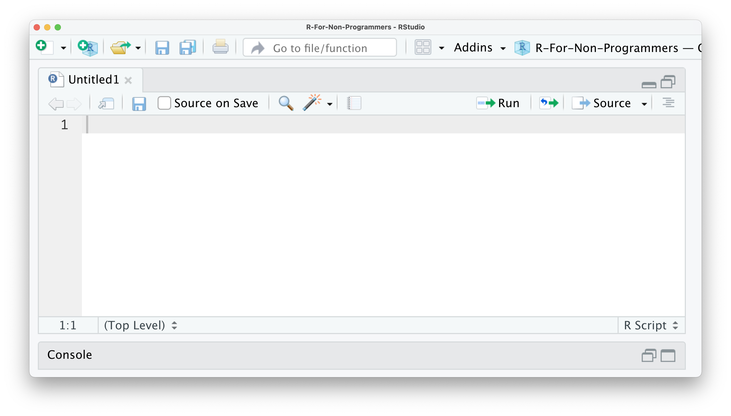 Screenshot of the source window with an empty R file.