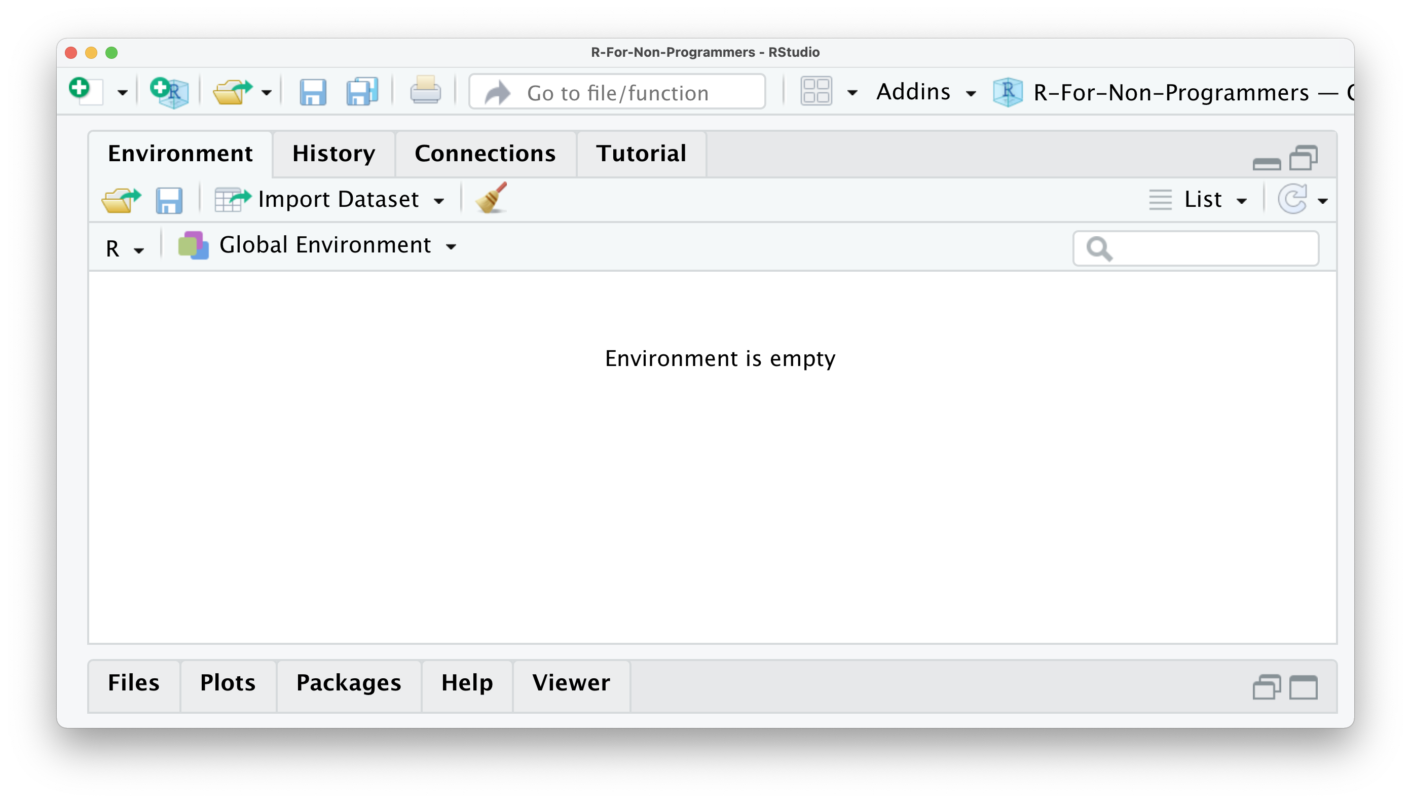 Screenshot of the environment tab in RStudio which is currently empty.