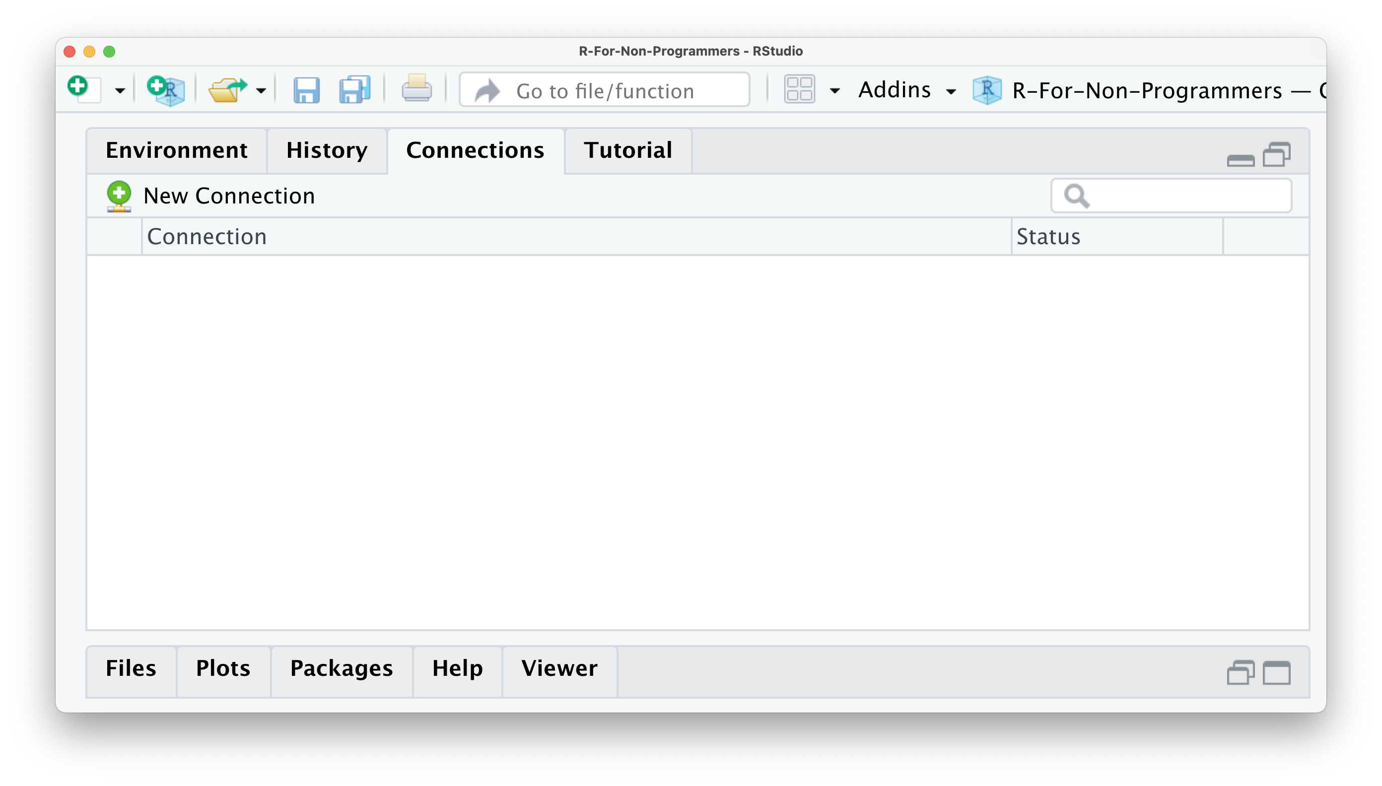 Screenshot of the connections tab in RStudio, showing no connections available at the moment.