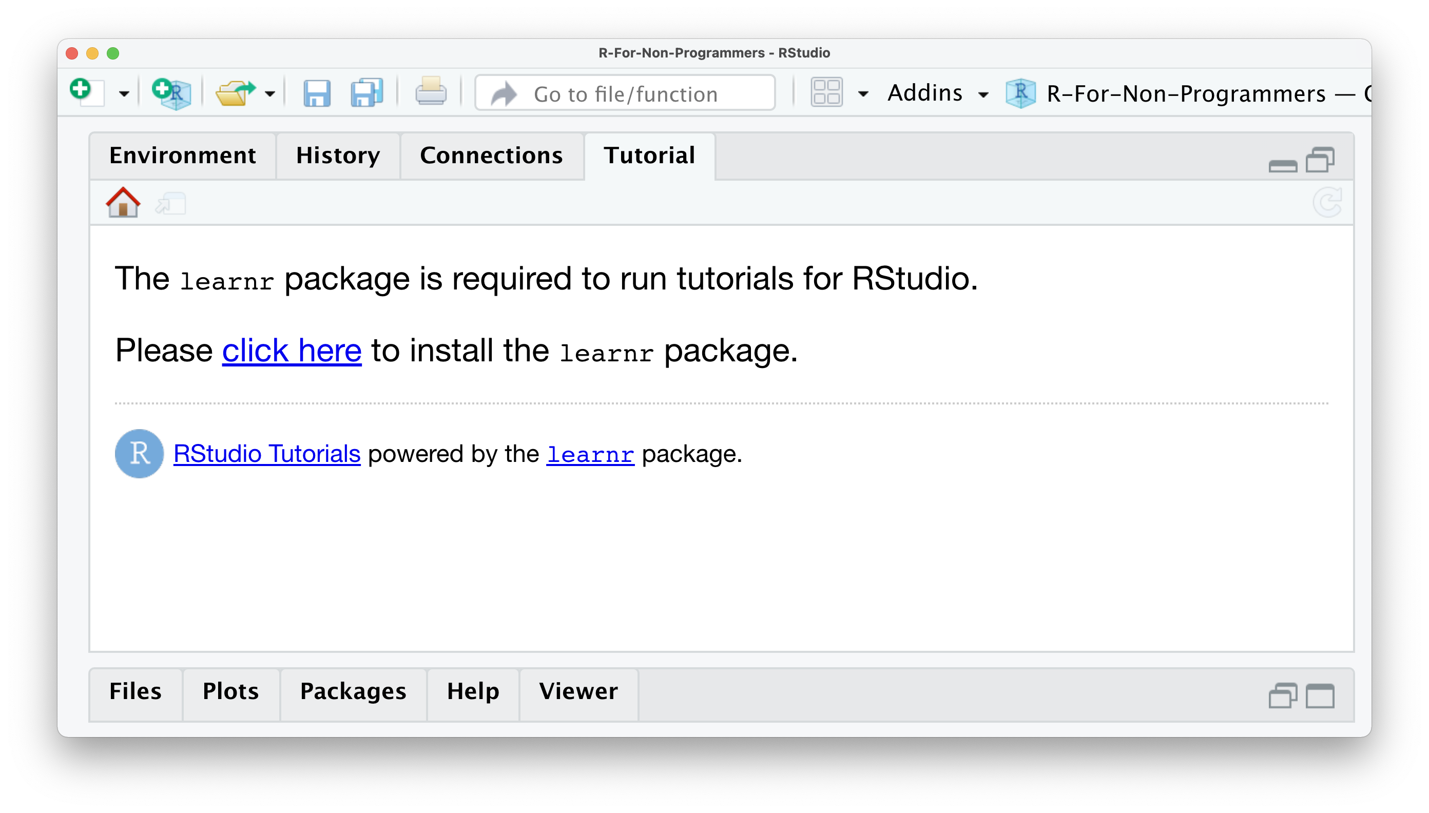 Screenshot of the Tutorial tab in RStudio, showing how to get started with RStudio which requires installing the learnr package.