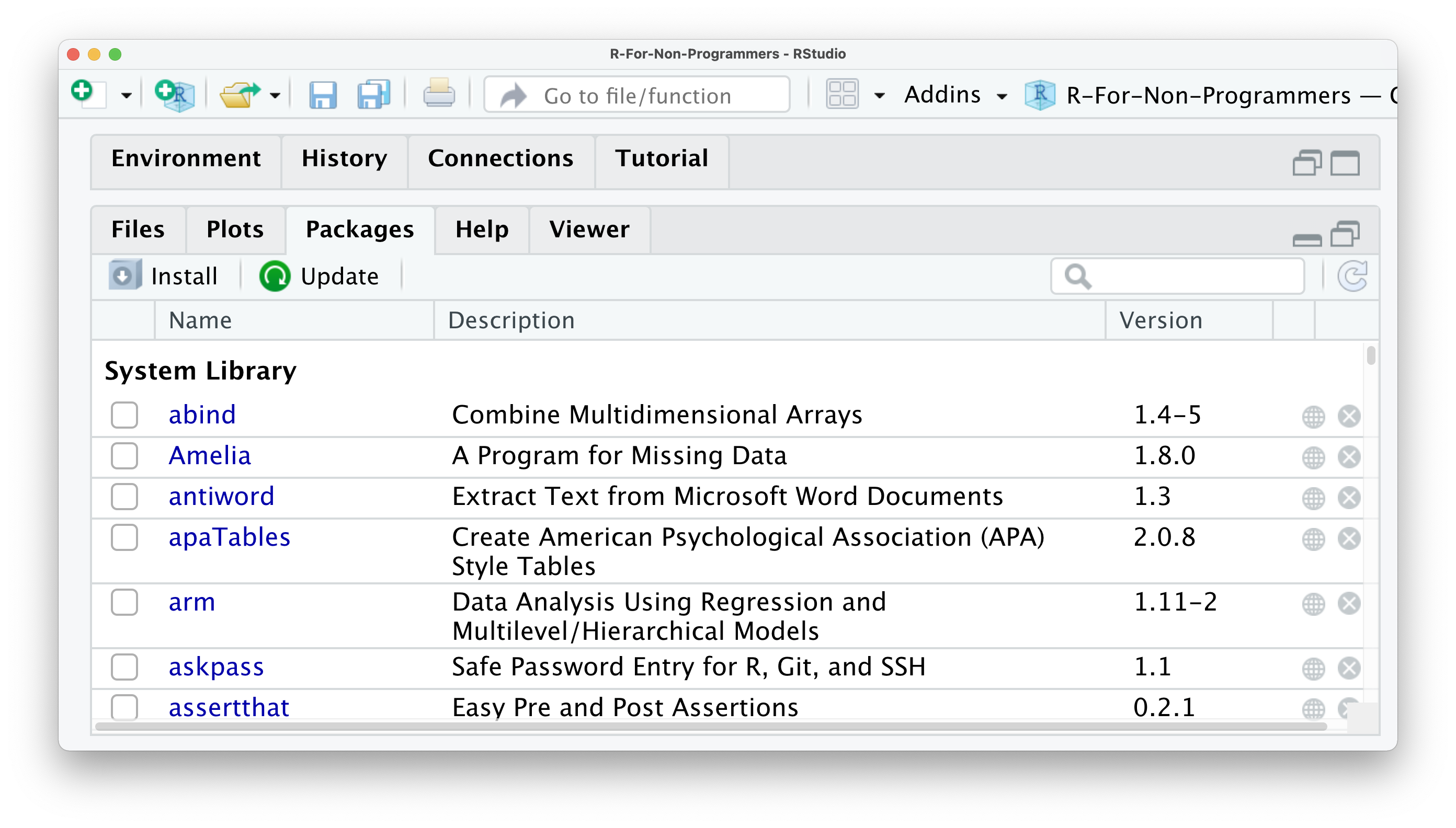 Screenshot of the Packages tab of RStudio showing a list of R packages that have been installed already.