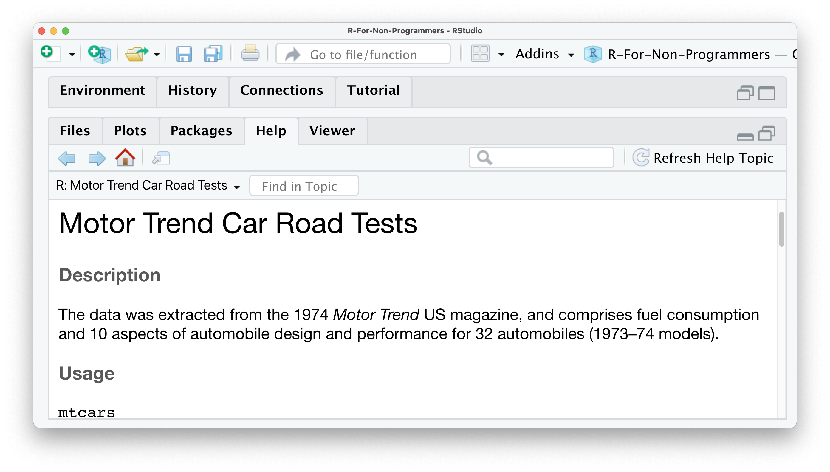 Screenshot of the Help tab in RStudio showing the information available for the mtcars dataset.