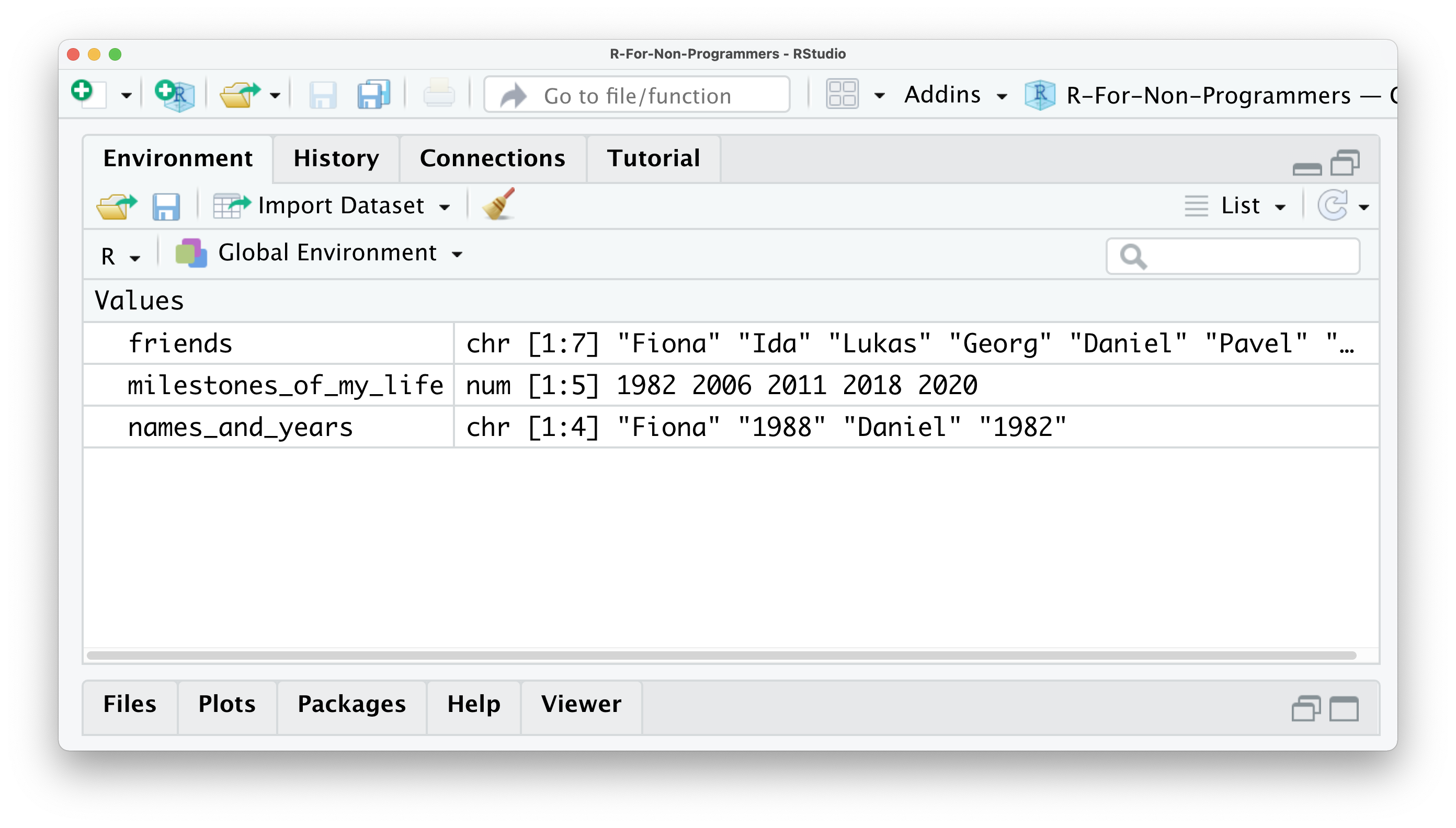 Screenshot of the Environemnt tab in RStudio, showing three objects: files, miletsones_f_my_life, and names_and_years.