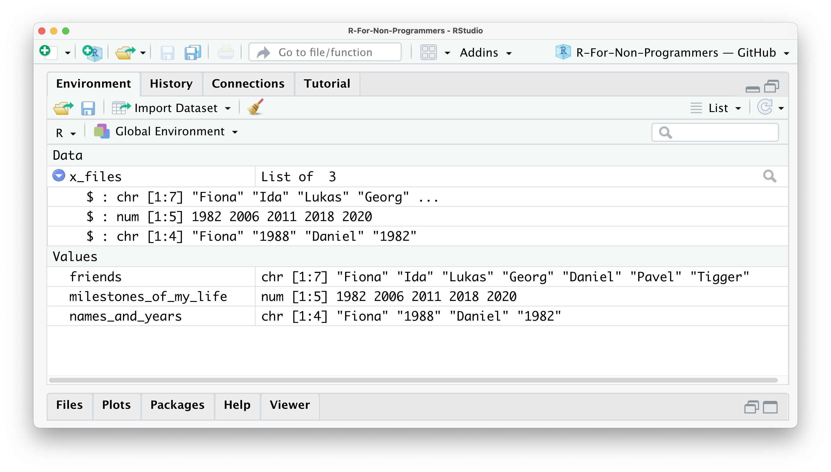 Screenshot of the Environemnt tab in RStudio, showing three objects: files, miletsones_f_my_life, and names_and_years.