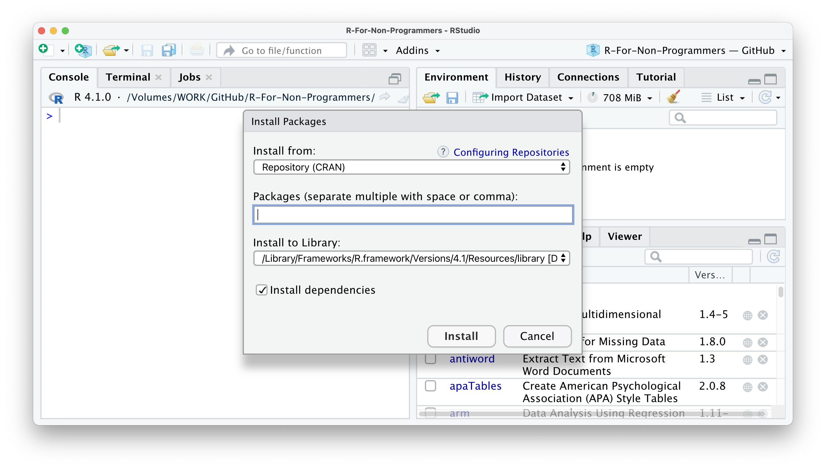 Screenshot of RStudio, showing the Install Packages window.