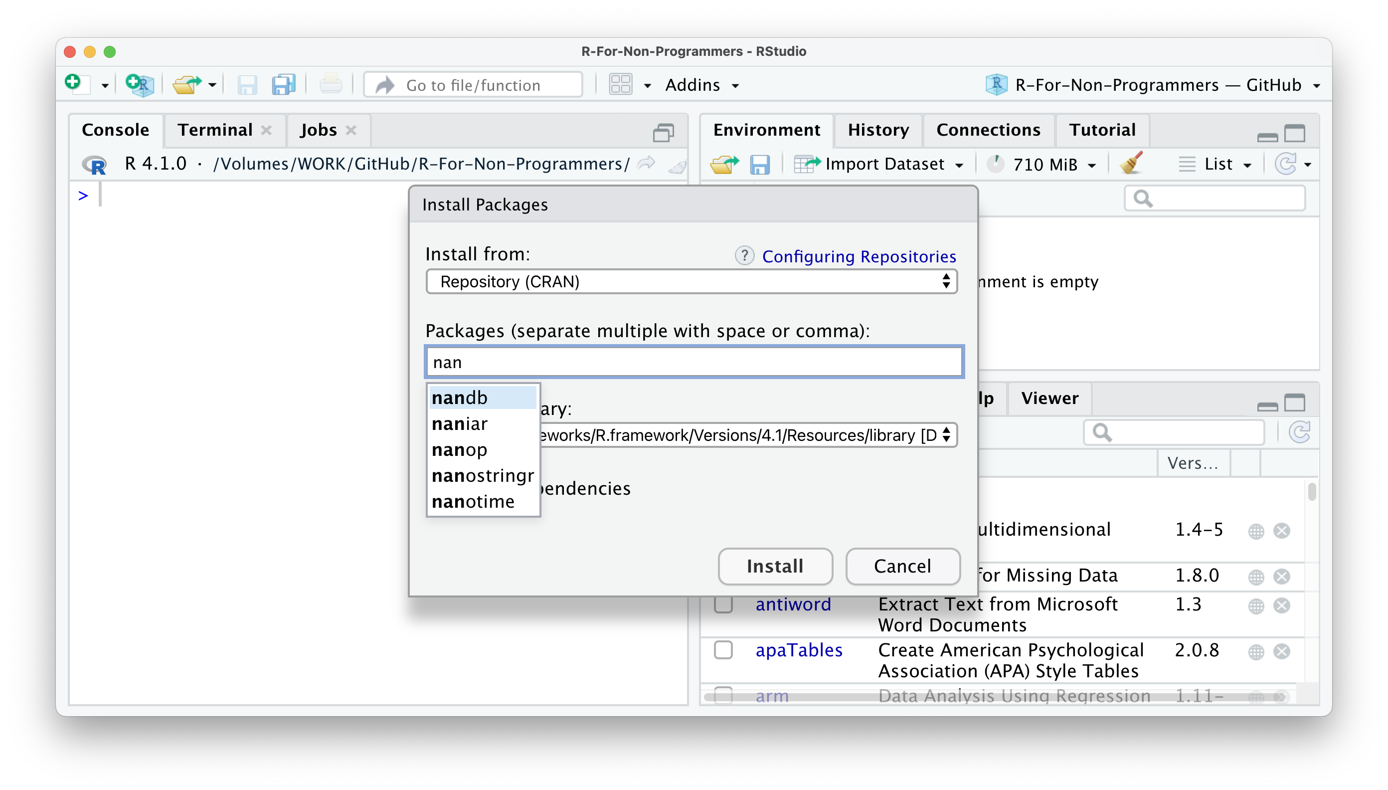 Screenshot of RStudio, showing the Install Pacakges window demonstrating which packages are available when typing 'nan' into the search box.