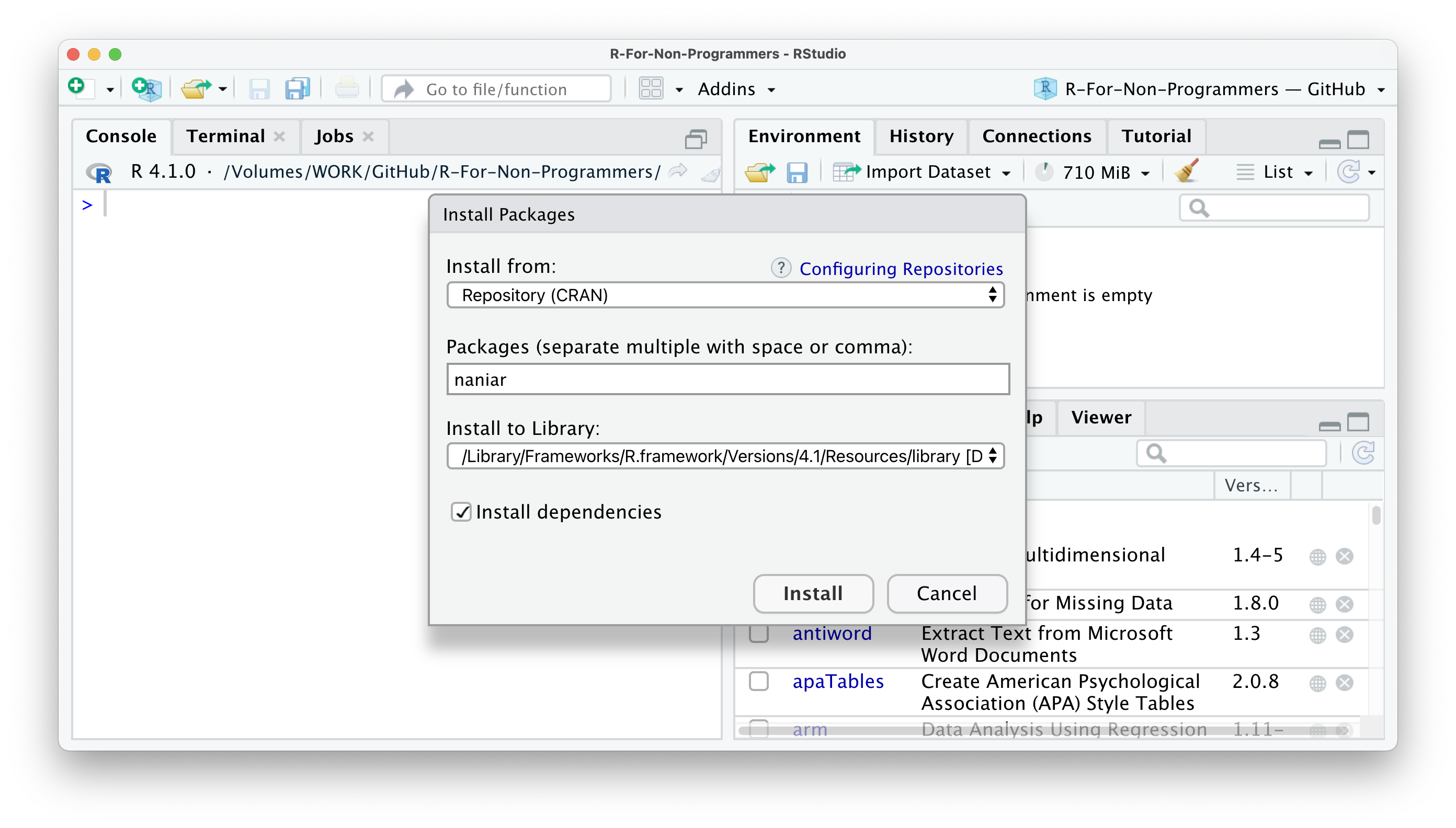 Screenshot of RStudio, showing the Install Pacakges window with the box Install Dependencies ticked.