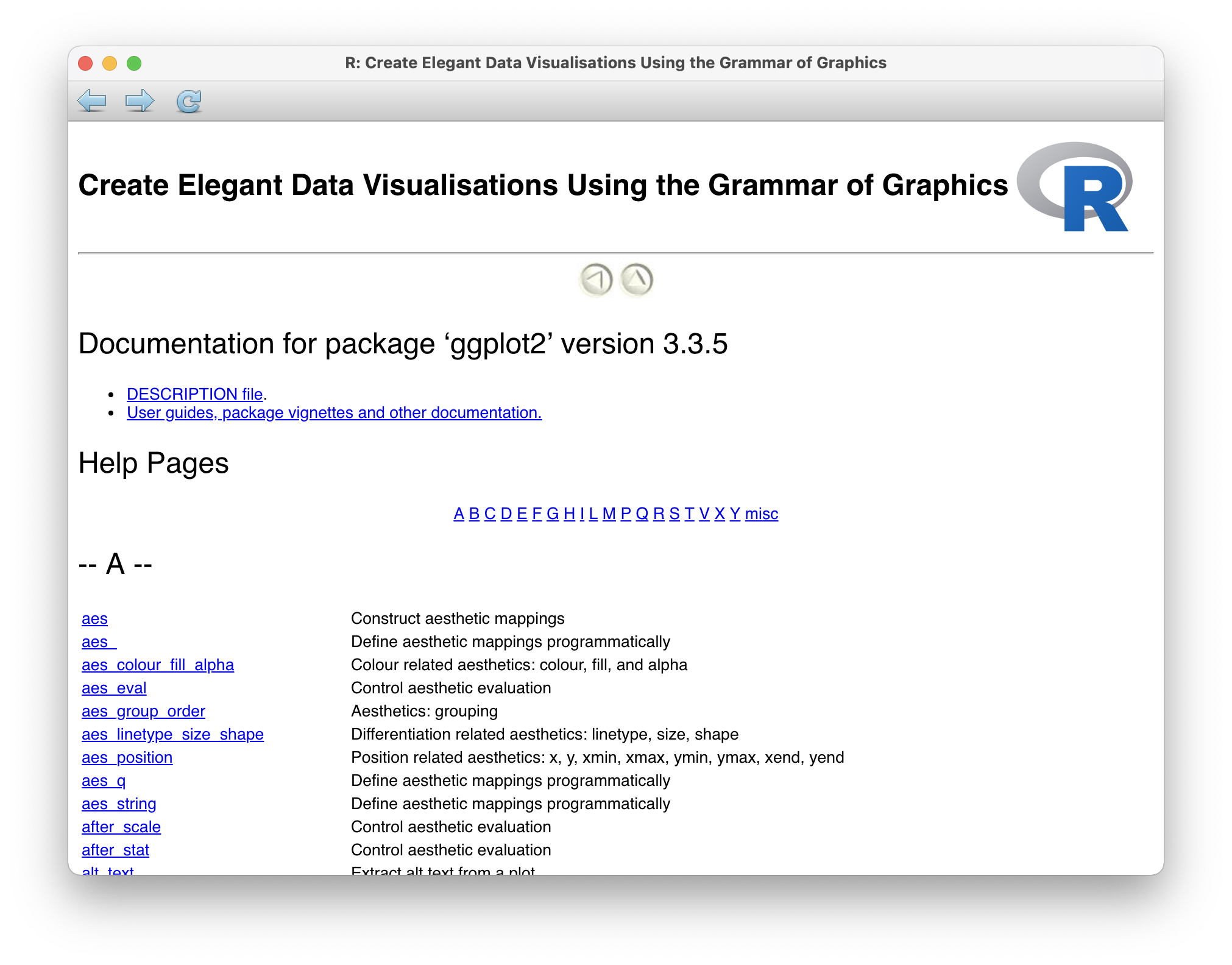 Screenshot of the RStudio showing the documentation for the ggplot2 package in a separate window. It shows a list of functions and other objects, like datasets that are included in this package.