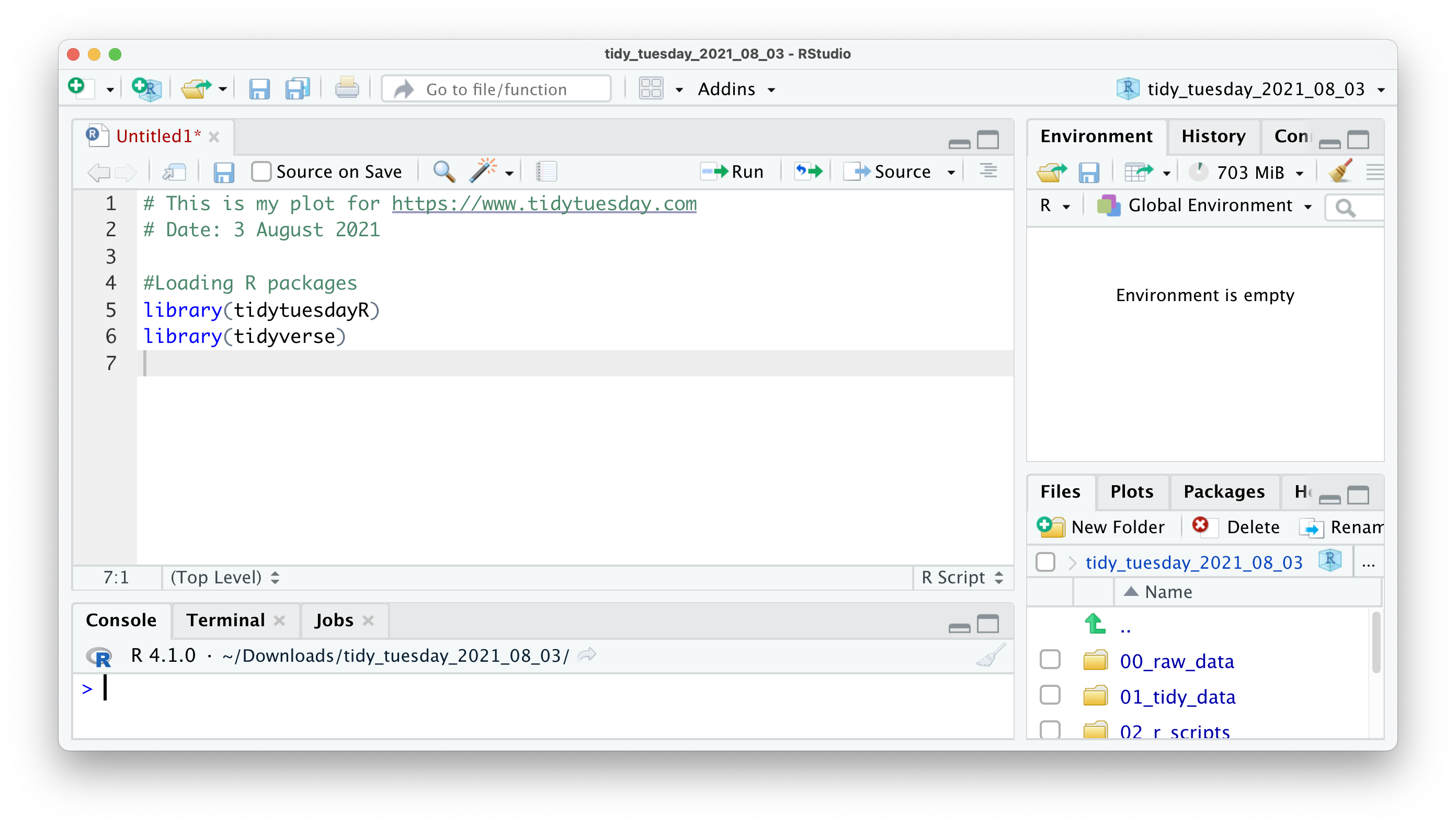 An example code of how to setup your R script. The first line provides a title, the second one a date and then the R package libraries are loaded into our session.