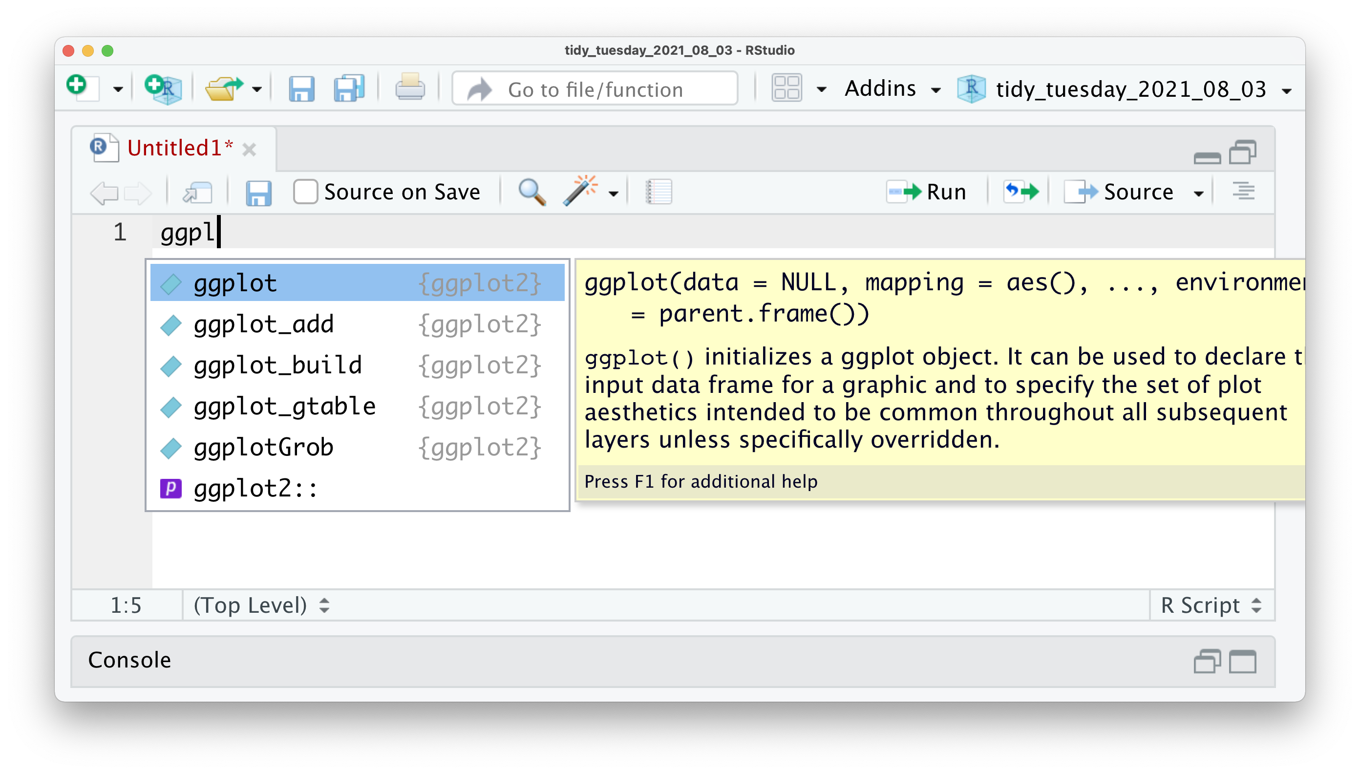 A screenshot showing the code completion feature in RStudio. the incomplete code 'ggpl' is shown and a window opens which shows possible function that start with these letters.