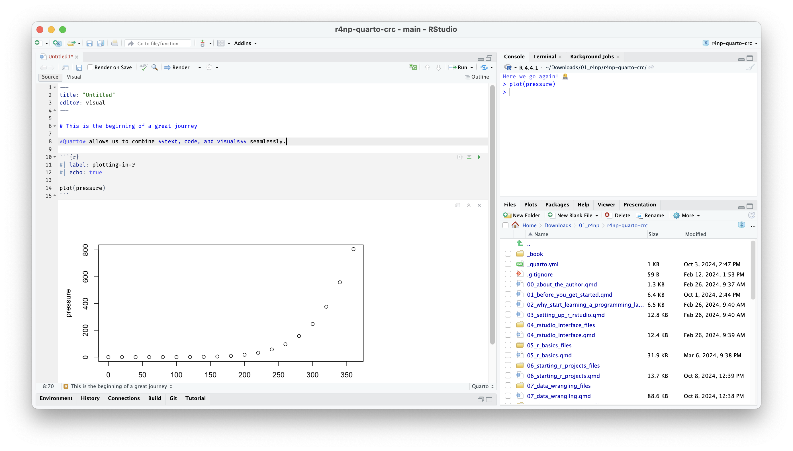 screenshot of RStudio showing a Quarto document with markdown text and an R code chunk. The code runs plot(pressure) and displays a scatter plot. The Console shows R output, and the Files pane lists several project files including .qmd and .quarto.yml.