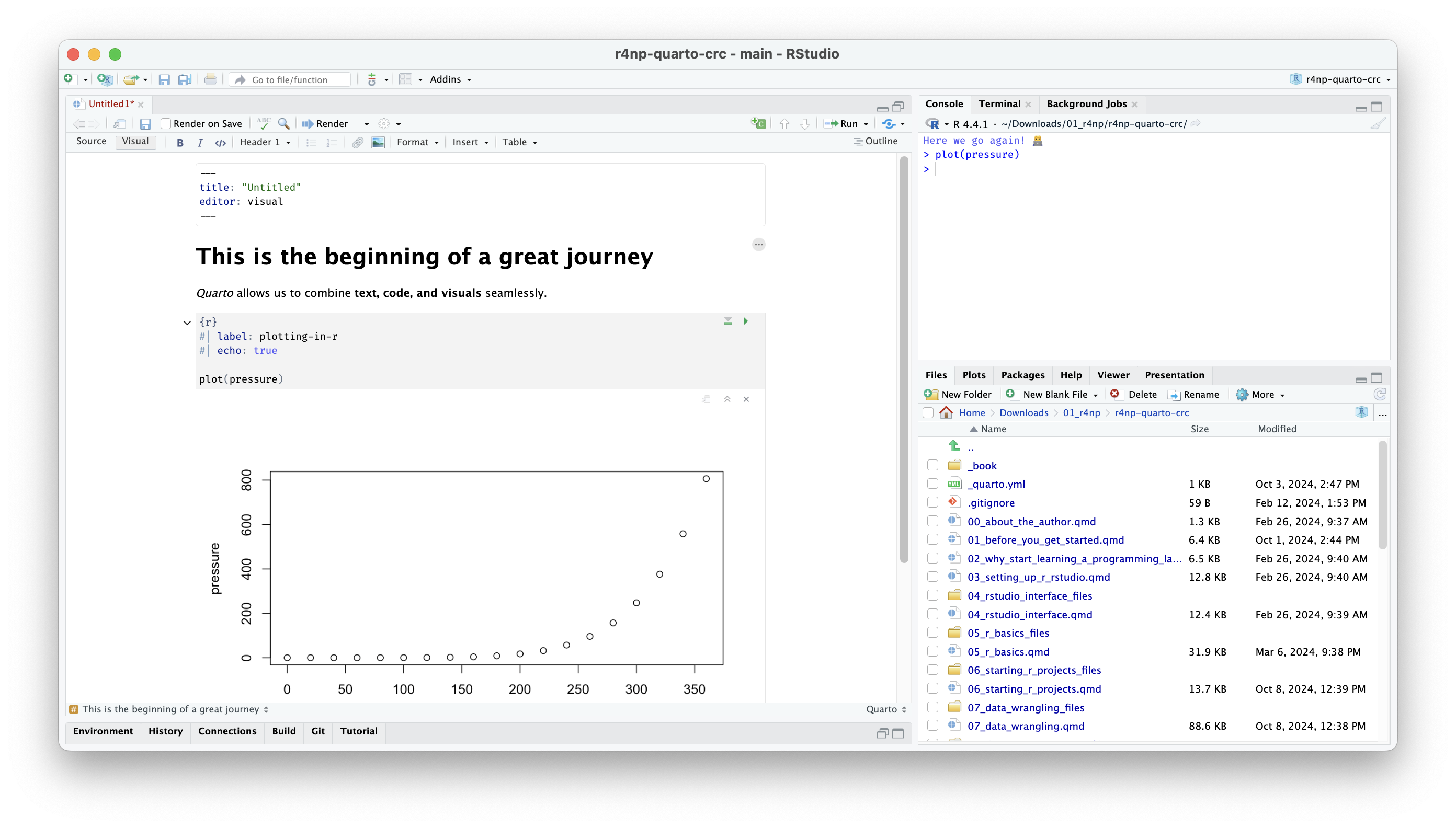 A screenshot of the Quarto editor in viual mode which looks less like a coding script and more like a Word document with figures.