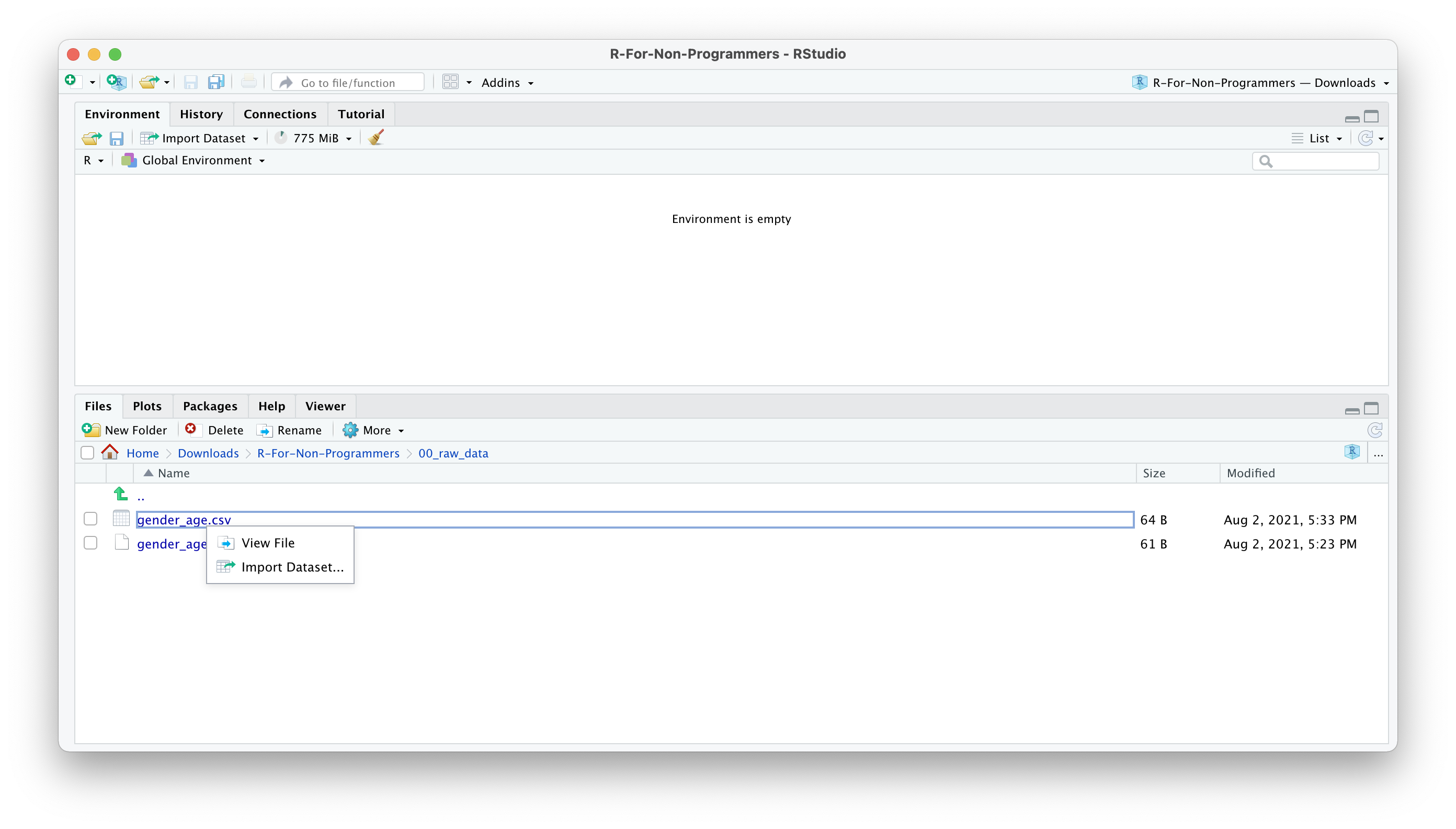 A screenshot of RStudio.  In the Files pane, we navigate to a folder containing a CSV file named gender_age.csv. A context menu shows options to "View File" or "Import Dataset."