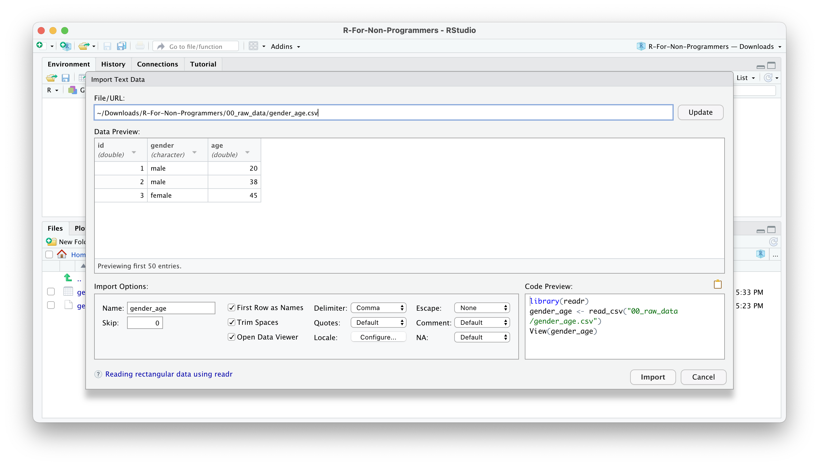 A screenshot of the "Import Dataset" dialog for a CSV file named gender_age.csv. The data preview shows columns for id, gender, and age with sample rows. Import options are set, and the Code Preview panel shows the read_csv command to load the data using the readr library.