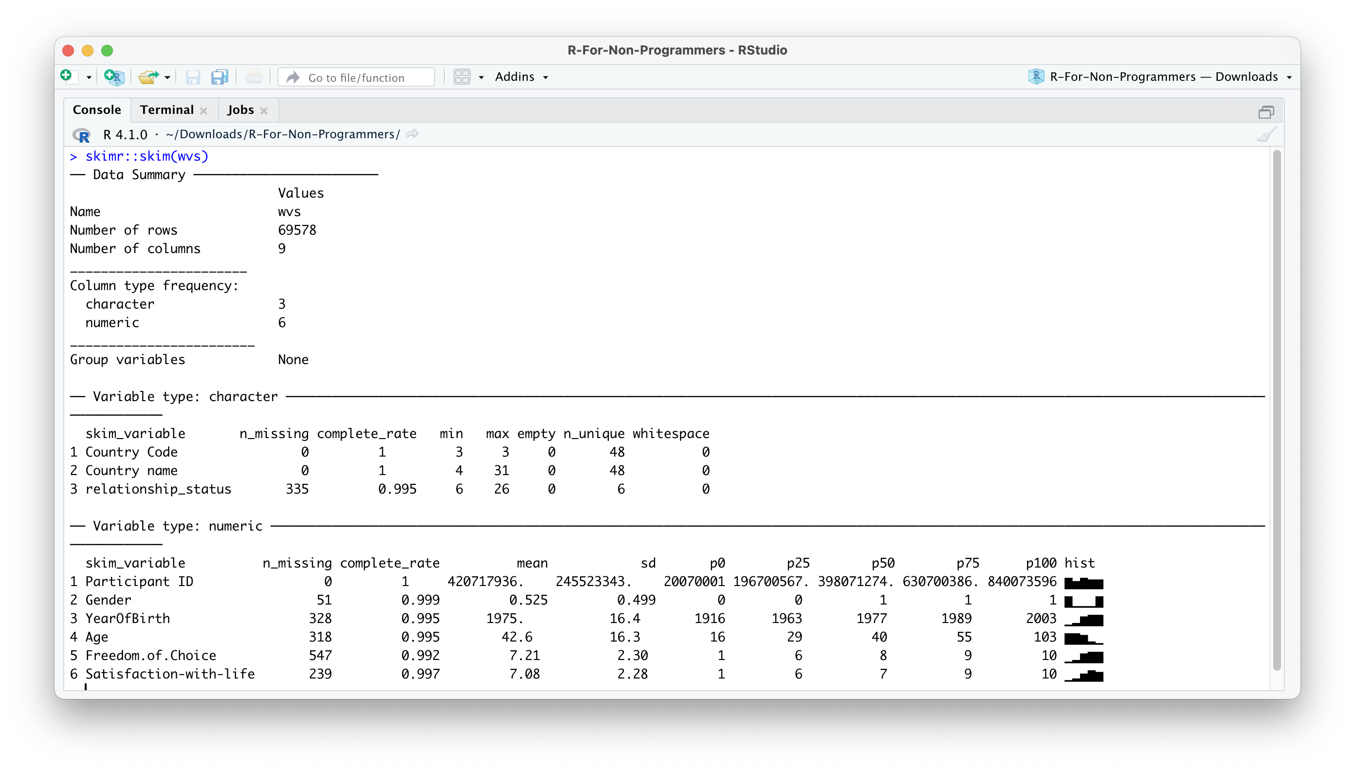 Screenshot of R output in the console when summarising data using the skimr package.