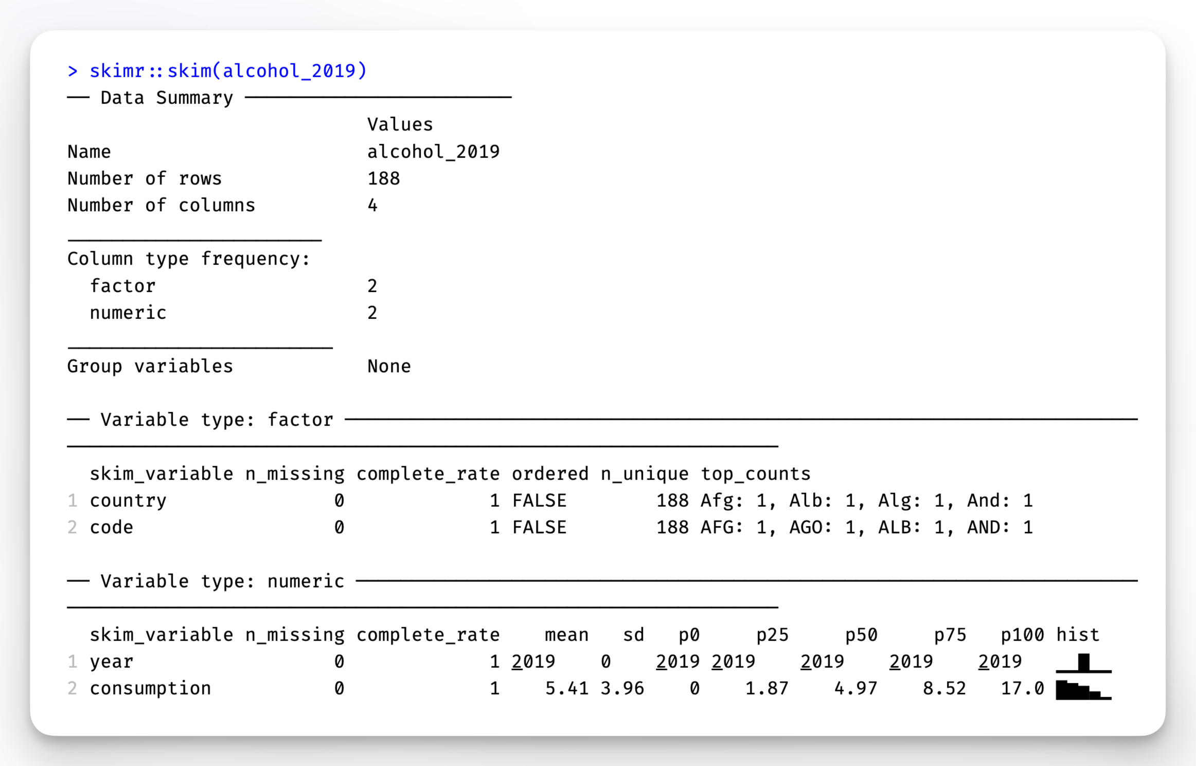 Screenshot of skimr output showing descriptive statistics sorted by variable type